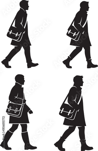 Silhouette of a person walking with a satchel bag, conveying a sense of travel, commuting, or a casual journey in a minimalist style.
