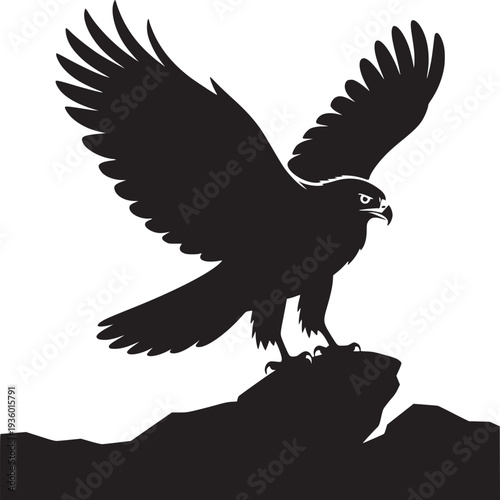 Silhouette of an eagle perched on a rock with its wings partially spread against a white background
