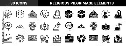 Islamic Pilgrimage Hajj and Umrah Religious Symbolism with Kaaba Compass Mosque Prayer Mat Quran and Traditional Ramadan Lantern Graphics