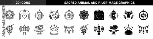 Islamic religious holiday icons featuring sacrificial ram within geometric stars bull with wheat ears and kaaba within compass dial symbols