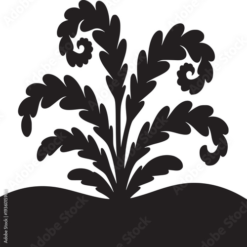 A black and white illustration of a plant with spiraling leaves on a curved base design element