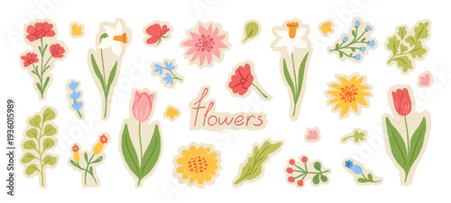 Scrapbook and collage stickers Spring and summer abstract crayon drawn flowers. Tulips, daffodil, floral cute doodle elements, wildflower, garden flowers, leaves and herb,plants. Vector illustration.