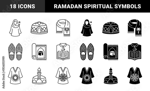Islamic culture hybrid icon collection featuring ramadan symbols merged with geometric patterns in black and white minimalist outline and solid styles