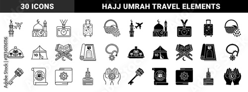 Islamic Pilgrimage Hajj and Umrah Hybrid Icons Featuring Mosque Airplane Travel Suitcase Kaaba Key Prayer Rug and Ritual Symbols in Line and Solid Style