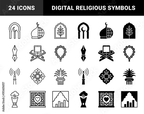 Islamic heritage and digital technology hybrid symbols featuring prayer mat location pin minaret antenna and quran tablet fusion in outline and solid styles