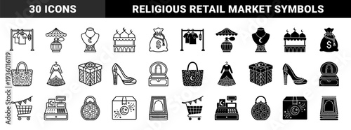 Islamic commercial retail shopping symbols featuring hybrid crescent moon patterns integrated into clothing accessories gifts and storefront equipment