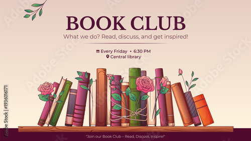 Book Club banner with colorful standing books and roses on a shelf. Elegant invitation template for reading concept, library or bookstore design. Vector illustration