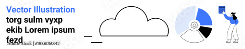 Cloud storage, data management, digital organization, analytics, workflow efficiency, information sharing. Stylish design with cloud shape, gear icon, pie chart and person managing digital file