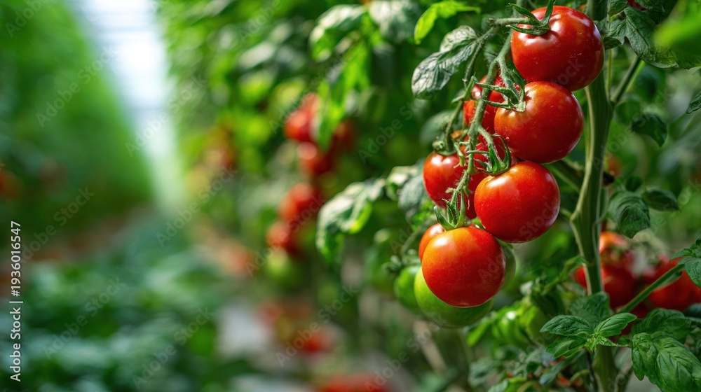 Obraz premium Ripe tomatoes growing on vines ready for harvest in a greenhouse