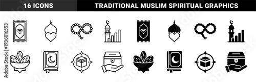 Islamic Religious Hybrid Iconography Merging Traditional Symbols with Modern Concepts Featuring Prayer Rug Heart Mosque Minaret Quran and Charity Box