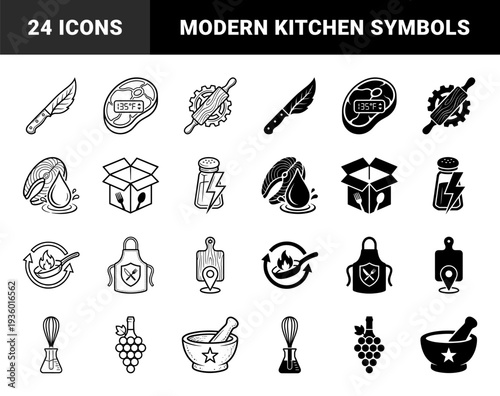 Culinary hybrid symbols merging kitchen tools with abstract concepts featuring knife leaf steak thermometer rolling pin gear and salt bolt