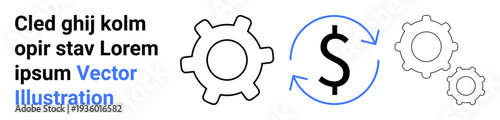 Financial management, process automation, business planning, efficiency, currency exchange, workflow concepts. Gear icons linked with a dollar symbol. Financial management and process automation
