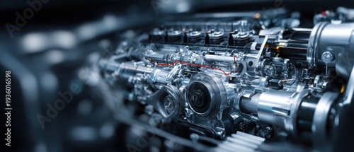 Close up of a modern internal combustion engine with metallic components