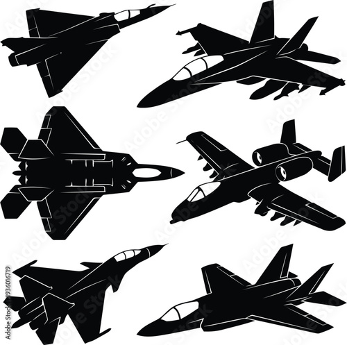 Military aircraft silhouette vector set. Vector illustration.