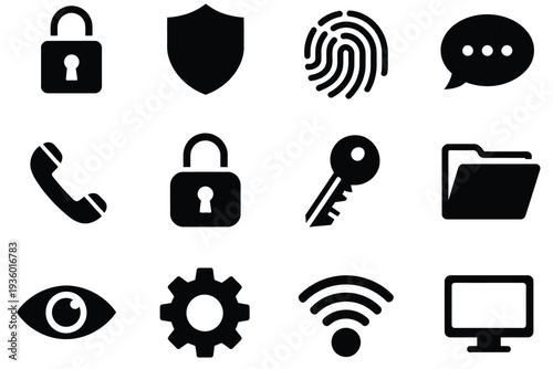 Private padlock screen icon set featuring eye privacy protection, message chat security, gear settings, folder safety, and shield lock cybersecurity concept vector