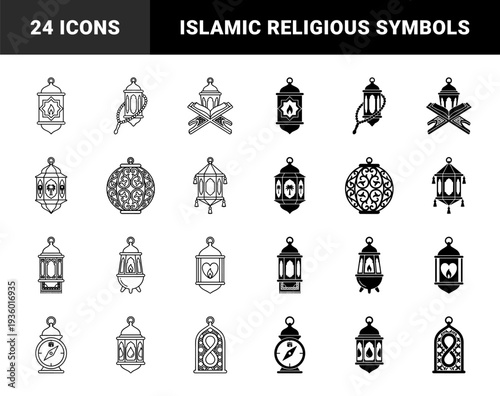 Islamic lantern collection featuring hybrid religious symbols like the holy quran qibla compass prayer beads and palm trees in outline and solid styles