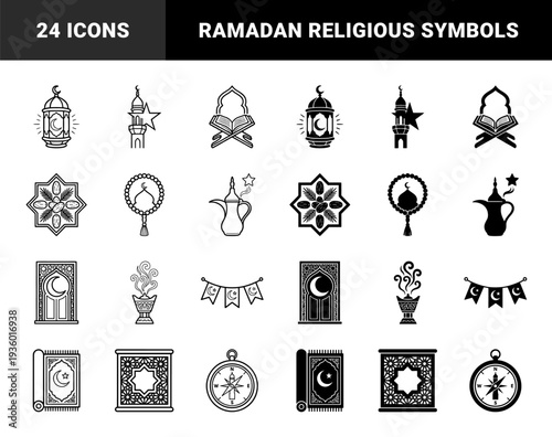 Islamic cultural symbols featuring hybrid designs of crescent moon lanterns prayer rugs qibla compass and incense burners in dual outline and solid styles