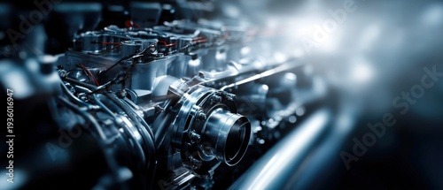 Close up of a powerful vehicle engine with chrome components and detailing