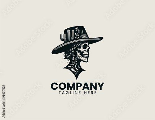 Human skull wearing wide brim hat with cactus plants is presented as bold monochrome vector logo on clean white background for western and desert branding use
