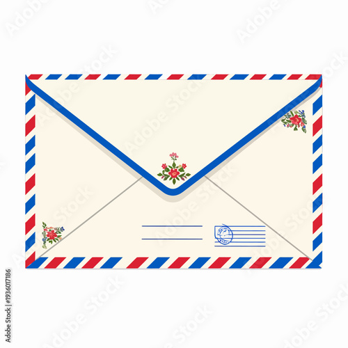 Close‑up view of a cream envelope with blue border and red‑white‑blue striped edge, featuring floral accents, captured from a front perspective in a clean digital illustration for design reference