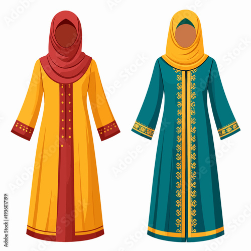 Two women in traditional dresses and headscarves stand side by side in a plain white studio, presented as a flat illustration highlighting cultural modesty and elegance from a frontal view