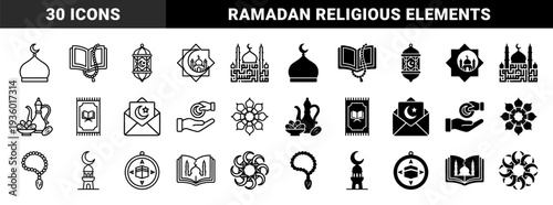 Islamic religious symbols featuring hybrid mosque dome with crescent moon quran with prayer beads and ramadan lantern in outline and solid style