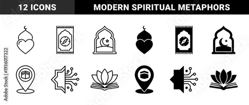 Islamic religious symbols merged with modern conceptual metaphors featuring crescent moon mosque windows prayer rugs compass and digital circuit technology