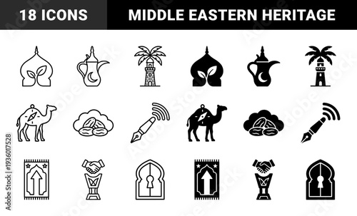 Islamic culture hybrid icons merging traditional middle eastern symbols with organic leaf elements and modern geometric silhouettes in outline and solid styles