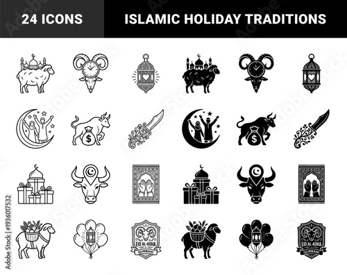 Eid al-Adha religious symbols featuring Qurbani livestock sacrifice with hybrid crescent moon people and ram head clock face design elements