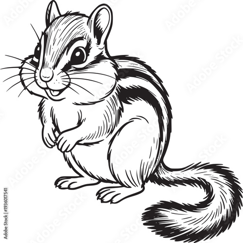 A detailed black and white line drawing of a chipmunk sitting upright with a bushy tail curled around