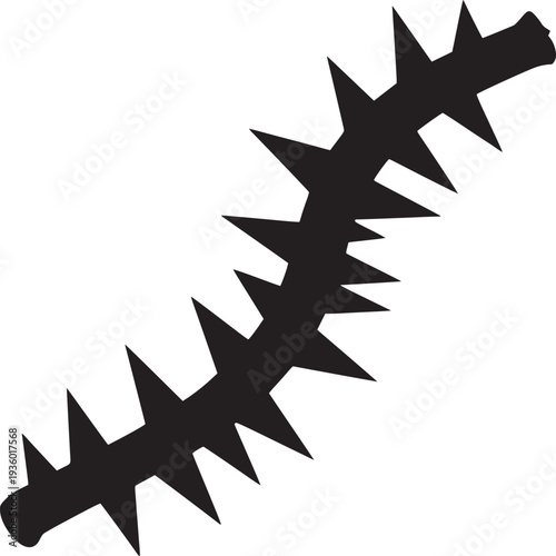 A black silhouette of a branch with sharp thorns against a white background in a close up view