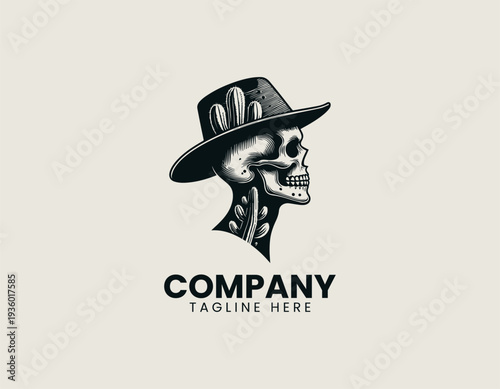 Human skull wearing wide brim hat with cactus plants is presented as bold monochrome vector logo on clean white background for western and desert branding use