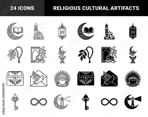 Islamic spiritual symbols and cultural artifacts featuring hybrid crescent moon with open book lighthouse and ornate lantern in outline and solid style