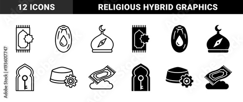 Islamic Religious Hybrid Symbols Featuring Prayer Mat with Star Compass Mosque Dome and Quran Book with Incense Burner and Prayer Cap with Gear