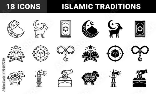 Islamic religious symbols and Eid al Adha tradition featuring sacrificial goat sheep and camel animals with mosque minaret and prayer rug