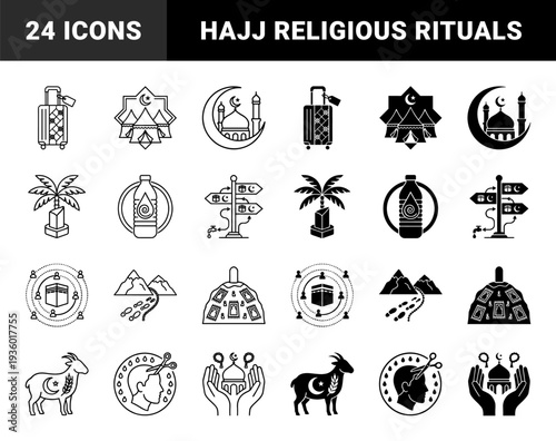 Hajj and Umrah pilgrimage religious symbols combining traditional Islamic architecture with travel elements in a minimal line and solid hybrid style