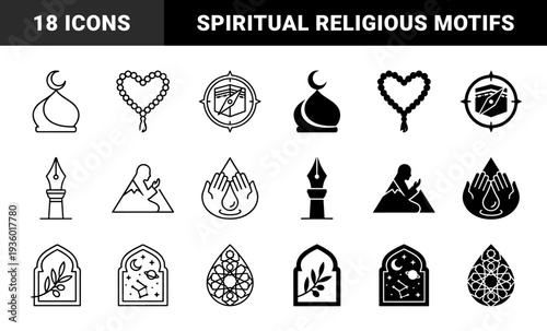 Islamic spiritual symbols and cultural motifs featuring hybrid designs of mosque domes prayer beads kaaba compass and geometric arabesque patterns