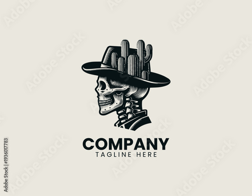 Human skull wearing wide brim hat with cactus plants is presented as bold monochrome vector logo on clean white background for western and desert branding use