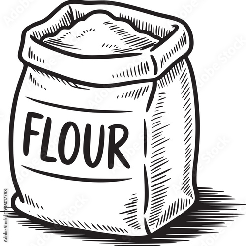 A monochrome sketch of a bag of flour with visible flour and shading on a white isolated background