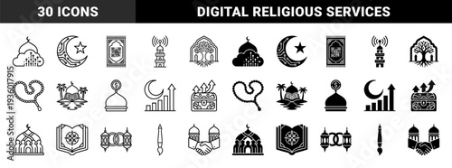 Islamic Fintech and Digital Religious Services Hybrid Icons Featuring Mosque Cloud Computing Crescent Circuitry and QR Code Prayer Rugs