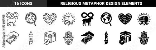 Islamic spiritual hybrid symbols merging traditional motifs with conceptual metaphors featuring ram infinity horns prayer bead globe and kaaba compass