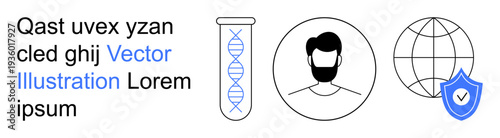 Biotech innovation, cybersecurity, data privacy, identity verification, global connectivity, safety assurance. Visual elements include DNA strand, human profile globe and shield. Biotech innovation