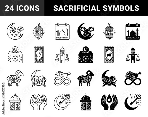 Islamic religious symbols featuring hybrid sacrificial ram and crescent moon motifs with lantern and prayer rug silhouettes for Eid al Adha and Hajj