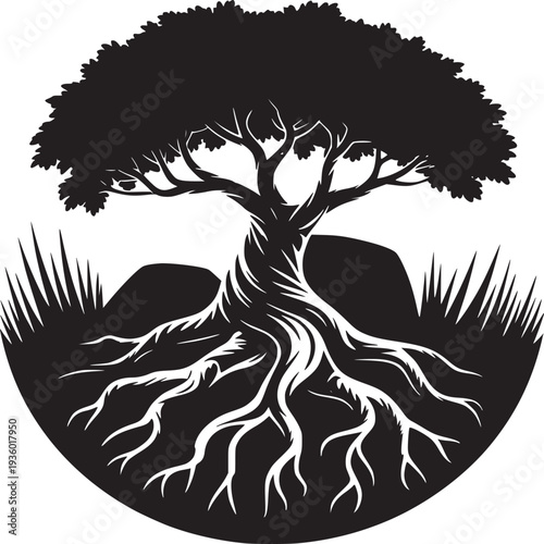 Stylized black and white illustration of a tree with exposed roots in a circular composition