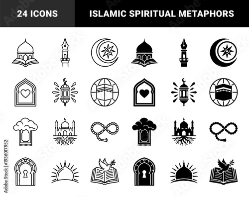 Islamic spiritual hybrid symbols merging traditional motifs with modern metaphors including mosque roots crescent compass and prayer rug cloud