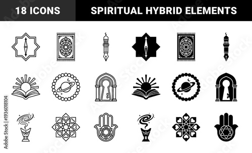 Islamic spiritual symbols and cultural artifacts featuring hybrid designs of minaret fountain pen prayer rug compass and incense burner in line and solid style