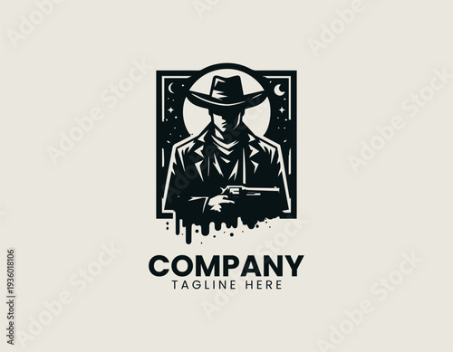 Western gunslinger silhouette with cowboy hat in square frame black vector logo illustration isolated on white background