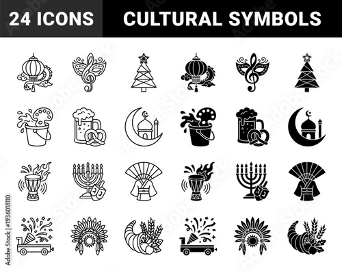 Hybrid cultural celebration and holiday symbols combining traditional festive elements with artistic motifs in dual outline and solid silhouette styles