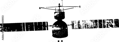 Vintage black and white ink illustration of satellite in high contrast silhouette