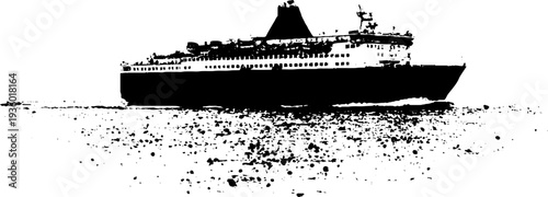 Minimalist high contrast black and white ink illustration of ship silhouette